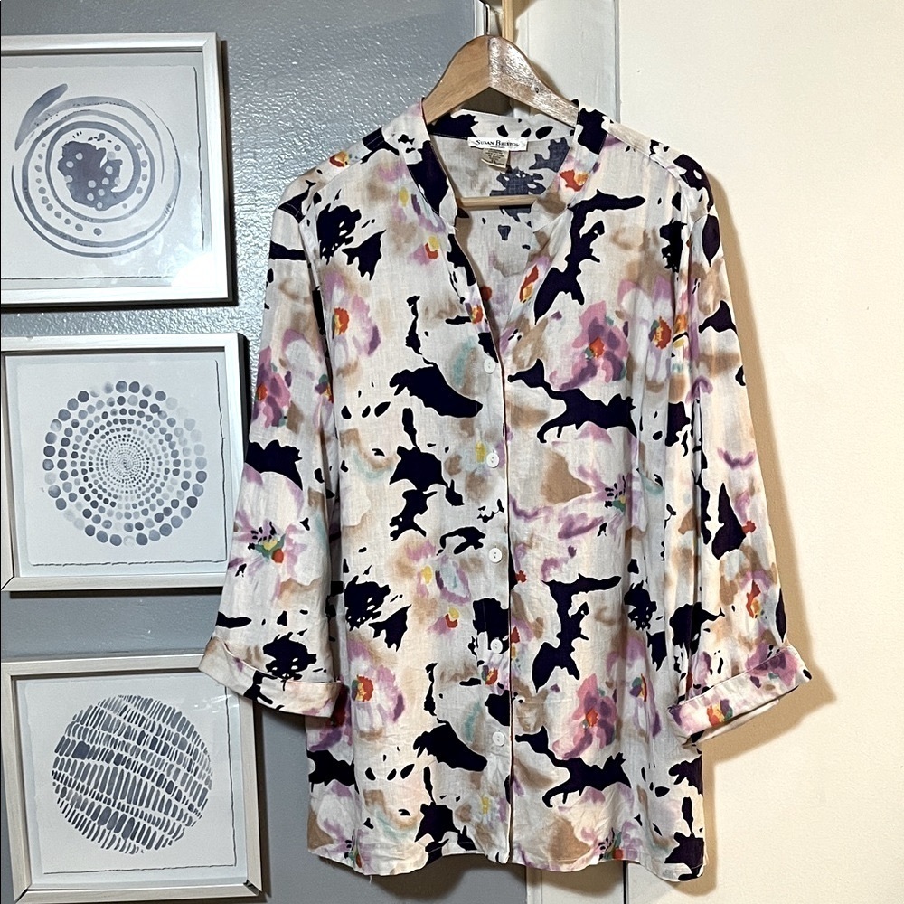 Susan Bristol Women’s Plus Size 1X Linen Rayon Multi Floral Button Down Shirt